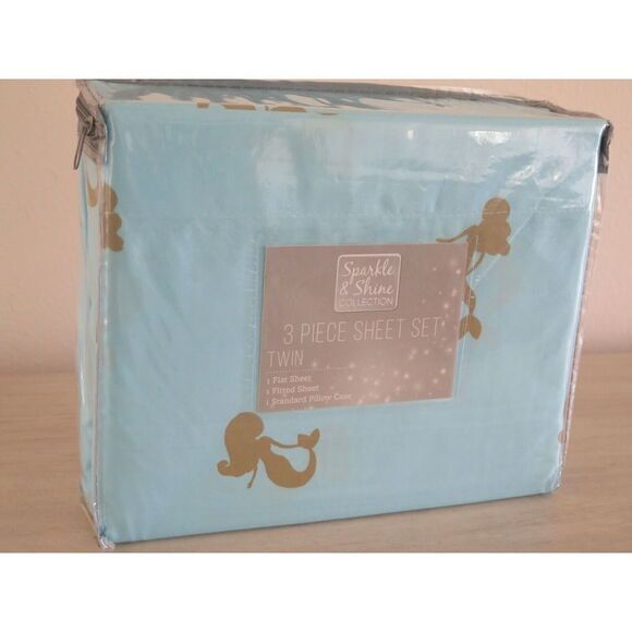 Sparkle & Shine Collection Aqua Blue Glitter Gold Mermaid 3Pc TWIN Sheet Set $68 - Picture 2 of 10